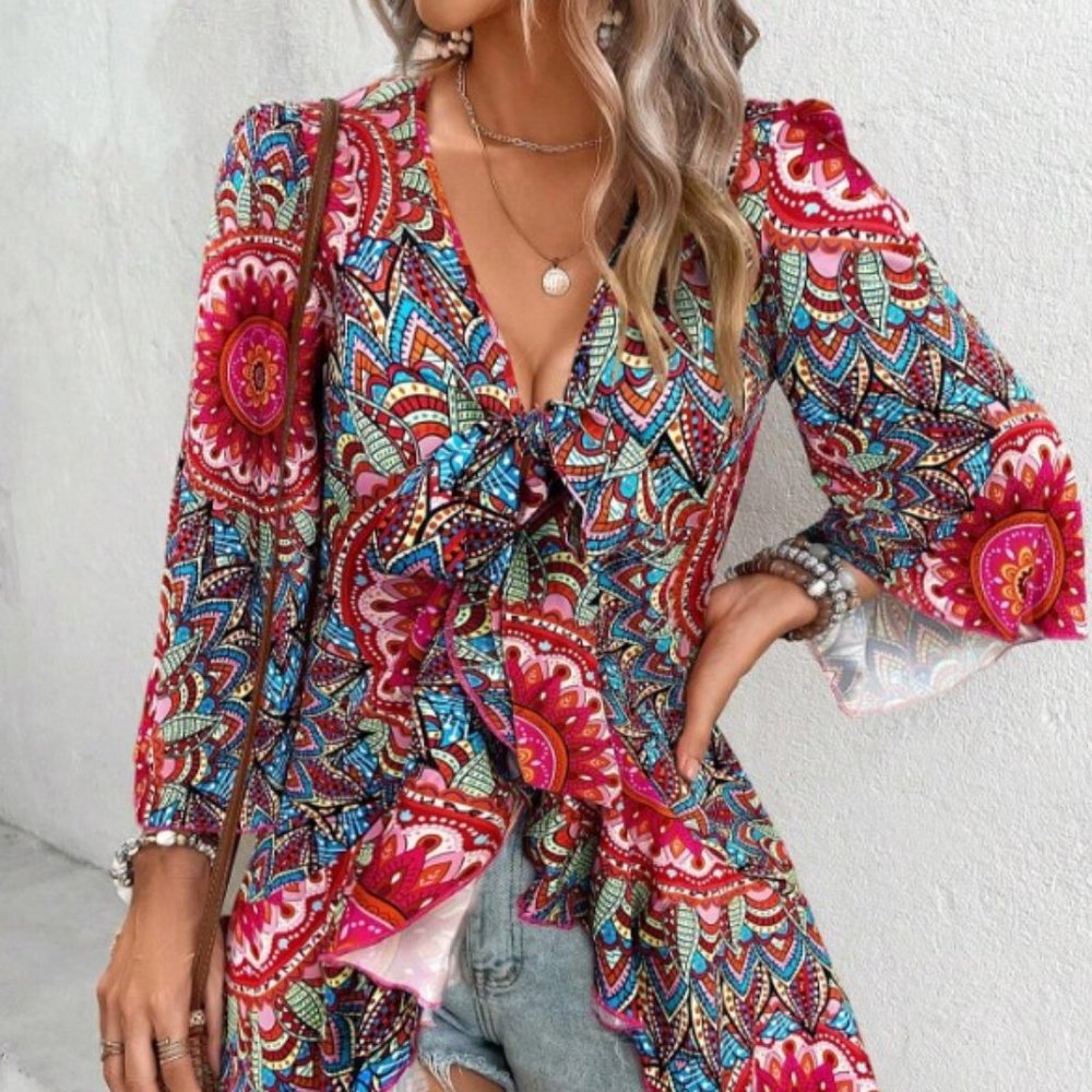 SHEIN LUNE new Mandala Print Flare Sleeve Ruffle Hem Blouse LARGE